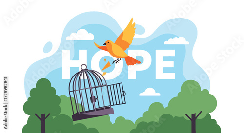 Flat style vector illustration of a bird flying free from an open cage with the word hope, symbolizing freedom, resilience, optimism, and breaking free from limitations toward a brighter future