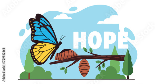 Flat style vector illustration of a butterfly emerging from a cocoon with the word hope, symbolizing transformation, renewal, growth, and positive change in life and business