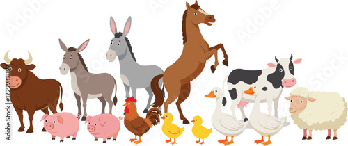 Farm animals illustration, cartoon livestock vector, cow horse pig sheep goat chicken duck donkey bull drawing for kids