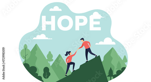 Flat style vector illustration of two people helping each other climb a mountain with the word hope, symbolizing teamwork, support, resilience, and encouragement on the journey to success