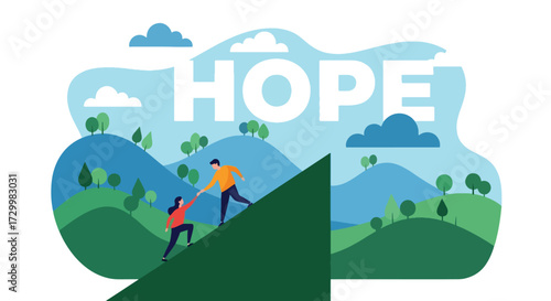 Flat style vector illustration of two people helping each other climb a mountain with the word hope, symbolizing teamwork, support, resilience, and encouragement on the journey to success