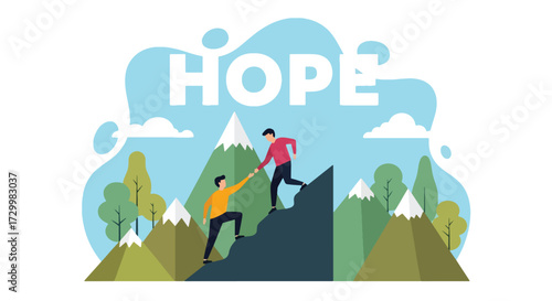 Flat style vector illustration of two people helping each other climb a mountain with the word hope, symbolizing teamwork, support, resilience, and encouragement on the journey to success