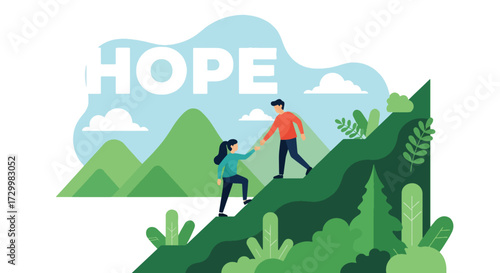 Flat style vector illustration of two people helping each other climb a mountain with the word hope, symbolizing teamwork, support, resilience, and encouragement on the journey to success