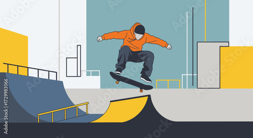 An illustration of a person performing a skateboarding trick in a skatepark.