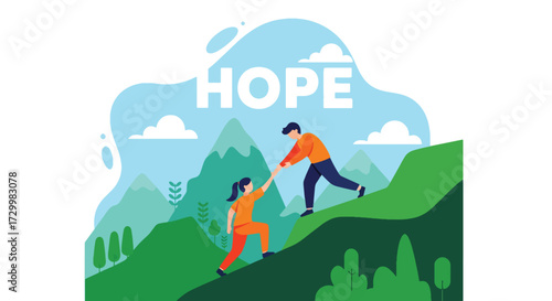 Flat style vector illustration of two people helping each other climb a mountain with the word hope, symbolizing teamwork, support, resilience, and encouragement on the journey to success