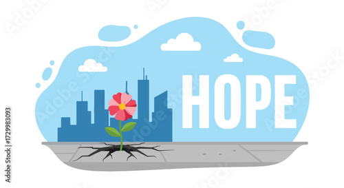 Flat style vector illustration of a flower growing through cracks in concrete with a city skyline and the word hope, symbolizing resilience, renewal, strength, and optimism in challenging times