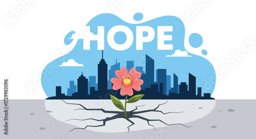 Flat style vector illustration of a flower growing through cracks in concrete with a city skyline and the word hope, symbolizing resilience, renewal, strength, and optimism in challenging times