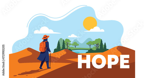 Flat style vector illustration of a person walking through desert dunes toward a green oasis with the word hope, symbolizing perseverance, optimism, and the journey to a brighter future