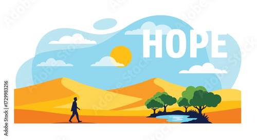 Flat style vector illustration of a person walking through desert dunes toward a green oasis with the word hope, symbolizing perseverance, optimism, and the journey to a brighter future