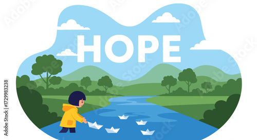 Flat style vector illustration of a person releasing paper boats into a river with the word hope above, symbolizing dreams, optimism, new beginnings, and a positive future journey