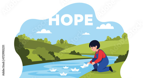 Flat style vector illustration of a person releasing paper boats into a river with the word hope above, symbolizing dreams, optimism, new beginnings, and a positive future journey