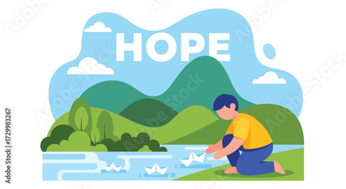 Flat style vector illustration of a person releasing paper boats into a river with the word hope above, symbolizing dreams, optimism, new beginnings, and a positive future journey