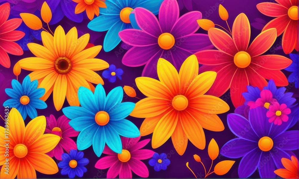 Fototapeta premium Vibrant Floral Field with Yellow Blue and Purple Flowers in Full Bloom on Dark Backdrop