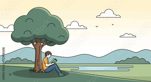 A person sits under a tree reading a book, with a lake and mountains in the background, under a cloudy sky.