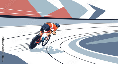 Cyclist racing on a velodrome track, leaning into a turn, with motion blur indicating speed.