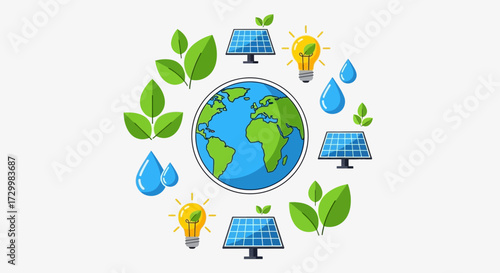 Illustration of Earth surrounded by symbols of renewable energy and nature, including solar panels, light bulbs, water drops, and green leaves.