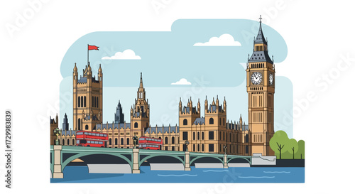 Illustration of the Houses of Parliament and Big Ben with a red double-decker bus.