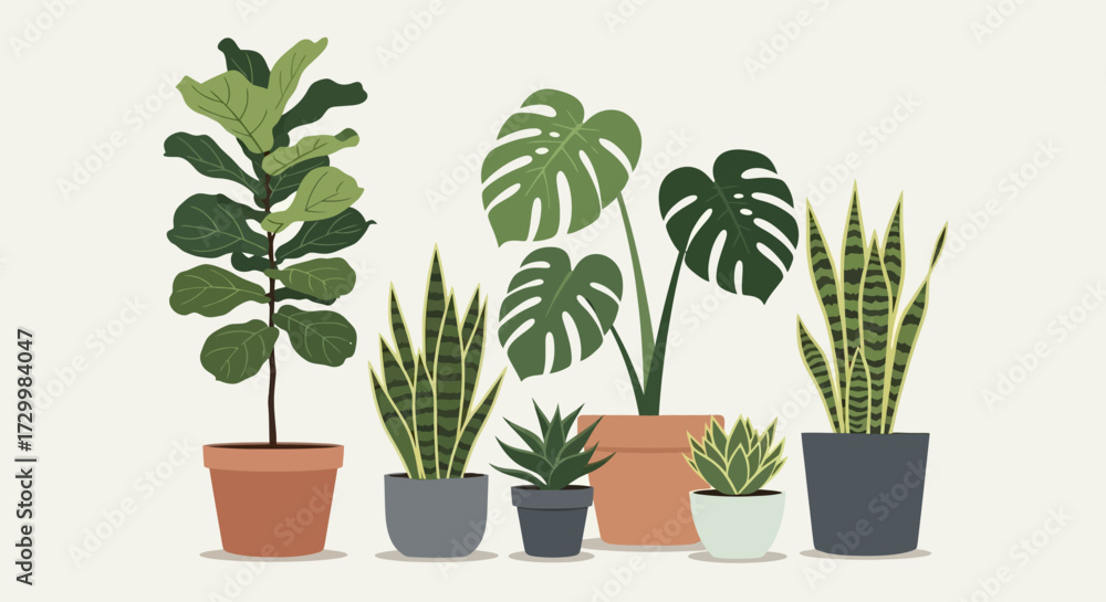 Obraz premium Illustration of various potted houseplants, showcasing different leaf shapes and textures.