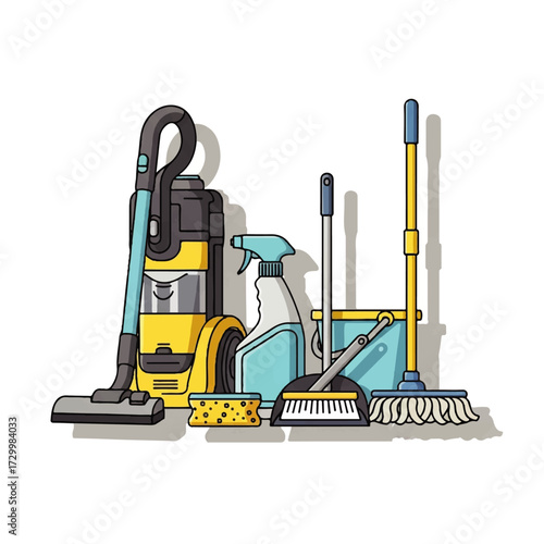 Cleaning Equipment and Supplies Still Life Composition for Home Cleaning