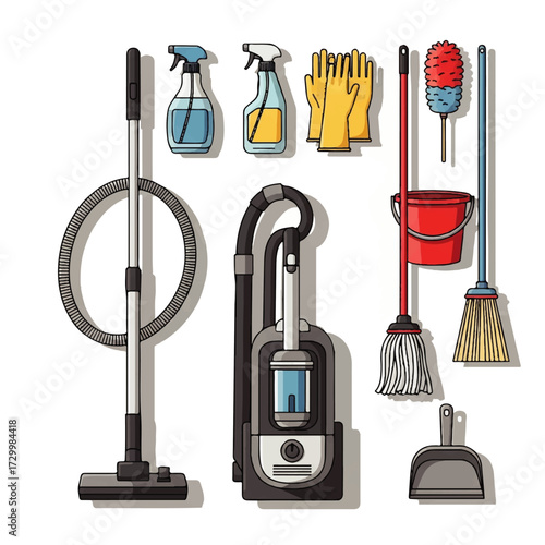 Collection of household cleaning supplies and tools for sanitization and tidiness