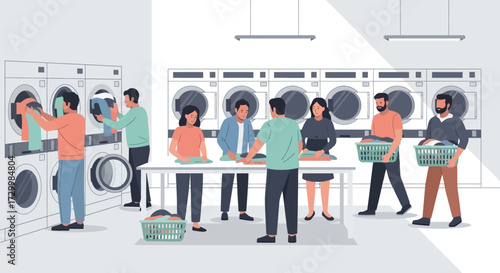 People doing laundry at a laundromat, loading and folding clothes.