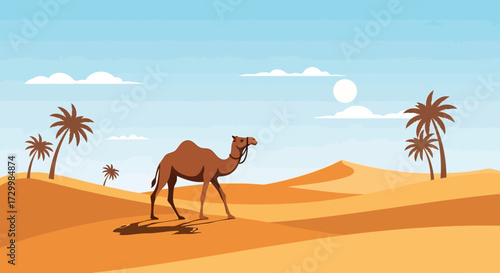 A cartoon camel walks through a desert landscape under a bright sunny sky.