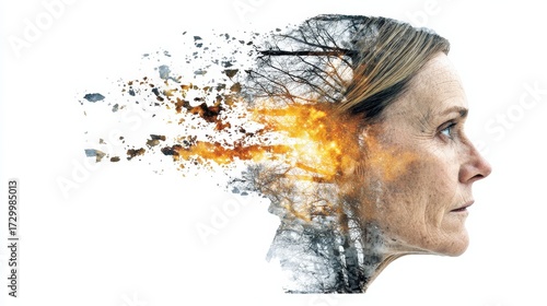 Metamorphosis: A poignant visual metaphor portraying a woman's dissolving essence, where inner turmoil and the passage of time are interwoven, with nature merging into the form.