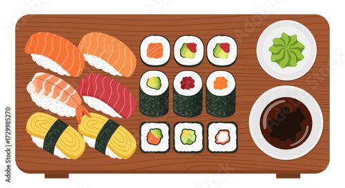 Overhead view of a wooden tray holding an assortment of sushi, including nigiri, maki rolls, wasabi, and soy sauce.