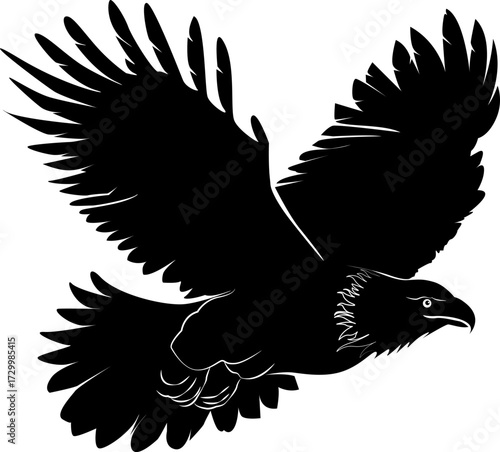 A striking black silhouette of a majestic eagle soaring with its wings spread wide, perfect for logos, tattoos, 
or wildlife-themed designs.vector illustration