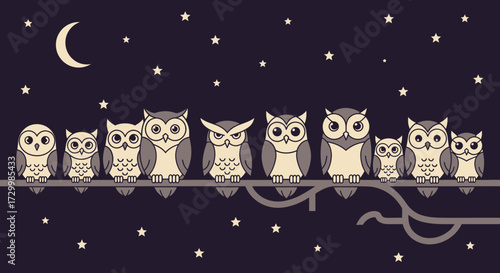 Illustration of a row of stylized owls perched on a branch under a crescent moon and starry night sky.