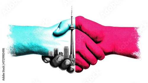 City Agreement Handshake: A surreal conceptual artwork merges the handshake of two entities with a cityscape in a display of urban accord and understanding.