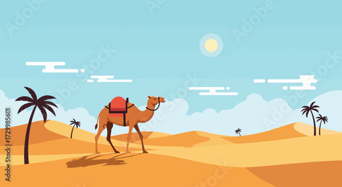 A camel walks across a vast desert landscape under a bright sun.