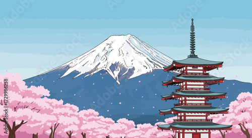 A serene illustration of Mount Fuji with a traditional pagoda and cherry blossoms.