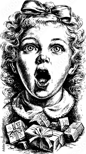 Vintage illustration of a surprised girl with curly hair and a bow. Her shocked expression highlights gifts in a playful vector set.