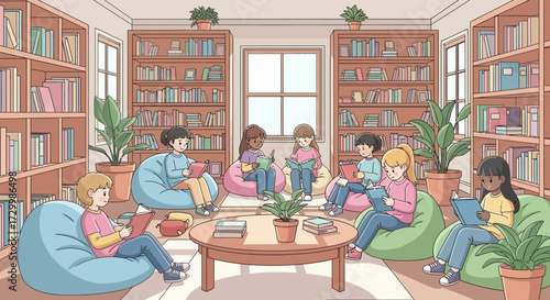 Children are reading books in a library setting, seated on beanbags around a table with plants.
