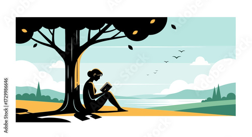 Woman reading a book under a tree by the water on a sunny day.
