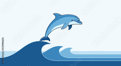 A cartoon dolphin leaps joyfully from ocean waves against a simple background.
