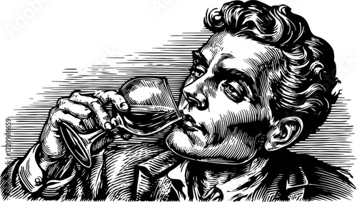 Man sipping wine from a glass in a classic black and white vector illustration. This elegant set portrays sophisticated culture and lifestyle.
