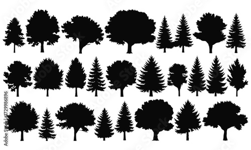 Black tree silhouettes various shapes trees white