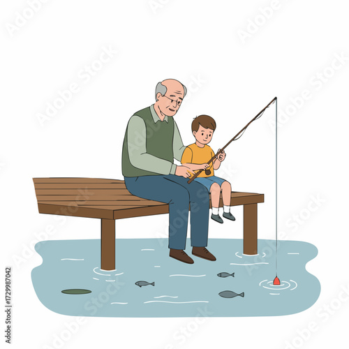 Gentle Handdrawn Grandfather with Grandson Fishing Together on a Wooden Dock Illustration
