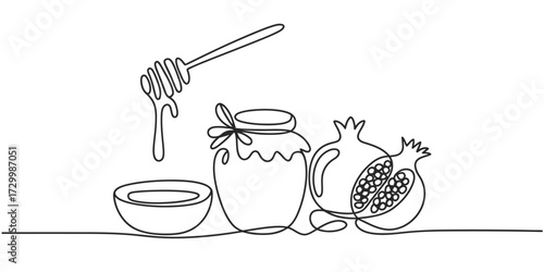 Continuous one line drawing vector illustration of honey jar pomegranate and dipper vector