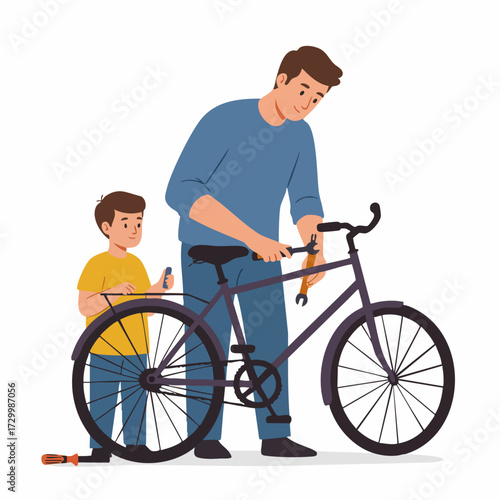 Flat Illustration Father and Son Repairing Bicycle at Home Together