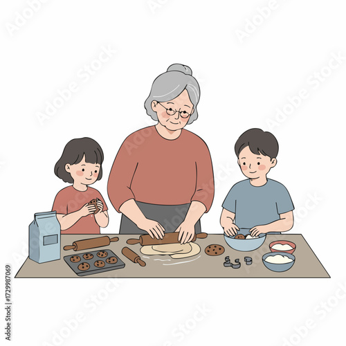 Cute Handdrawn Grandmother Baking Cookies with Grandchildren Illustration Graphic