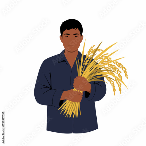 Minimalist Flat Style Farmer Holding Rice Plants Agriculture Illustration