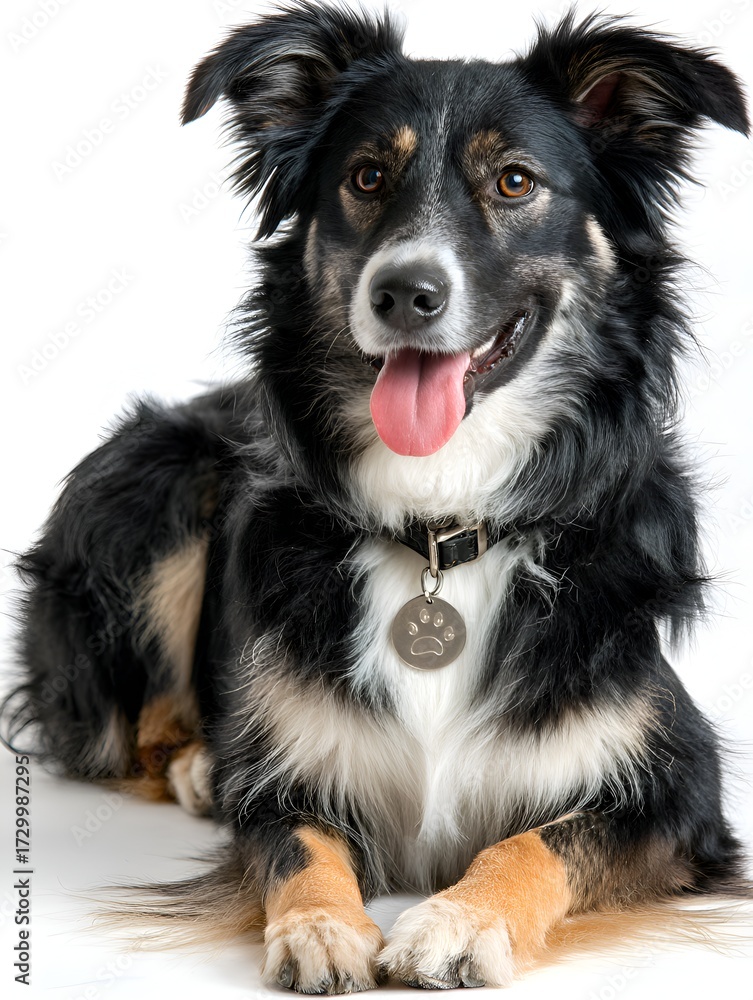 Fototapeta premium A beautiful border collie with a playful expression poses indoors while lying down on a white background.