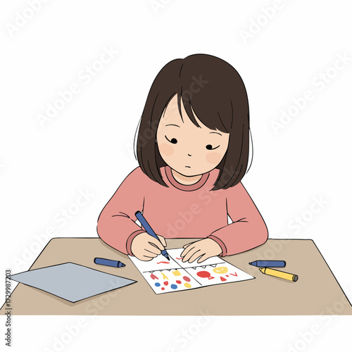 Cute Anime Style Young Girl Drawing on Paper Illustration