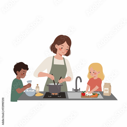 Flat Style Family Cooking Together in Kitchen Scene Illustration