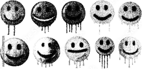 Smiley face vector illustration in a monochrome style. Simple design featuring various expressions and circular shapes in a cohesive set.