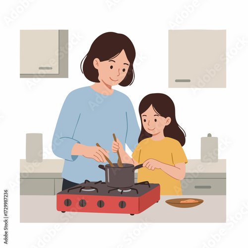 Flat Illustration Happy Mother and Daughter Cooking Together in the Kitchen