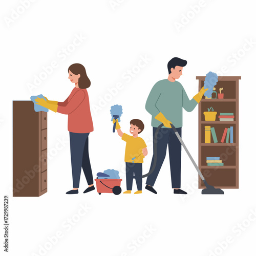 Flat Cartoon Family Cleaning Together Dusting and Vacuuming Home Illustration